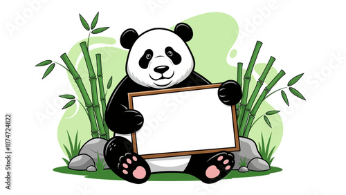 Cartoon panda bear holding a blank sign in a bamboo garden with rocks.