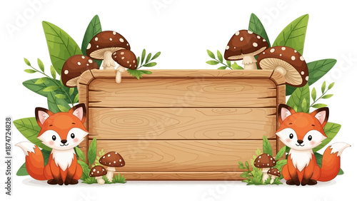Illustration of a wooden sign with cartoon foxes and mushrooms on a white background