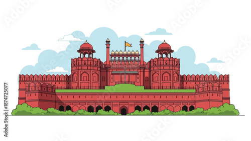 Illustration of the Red Fort in Delhi with green lawns and blue sky