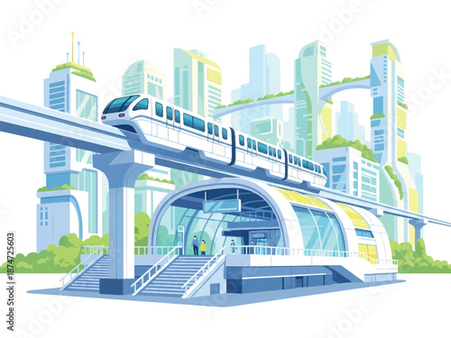 Tableau sur toile Modern monorail train speeding through futuristic cityscape with sleek architect