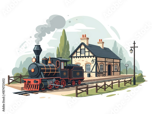 Vintage Train Arriving at a Quaint Station with Locomotive, Railway, and Rural Landscape