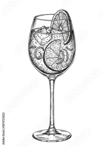 Elegant monochrome black and white line art of a Spritz cocktail glass with geometric ice, citrus zest, and lime wheel, on a transparent background, concept for beverage advertising
