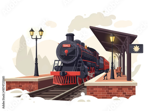 Vintage train at a snowy station platform with a waiting passenger and street lamps