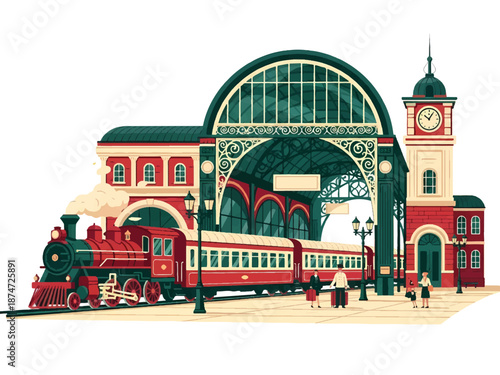 Vintage Train Arriving at Railway Station with Clock Tower in the Background