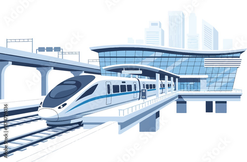 Modern Train Arriving at Futuristic Station Platform with Sleek Architecture and Urban Landscape
