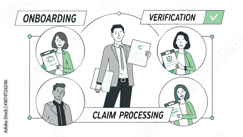 Digital insurance workflow visualization showing onboarding verification and claim processing steps