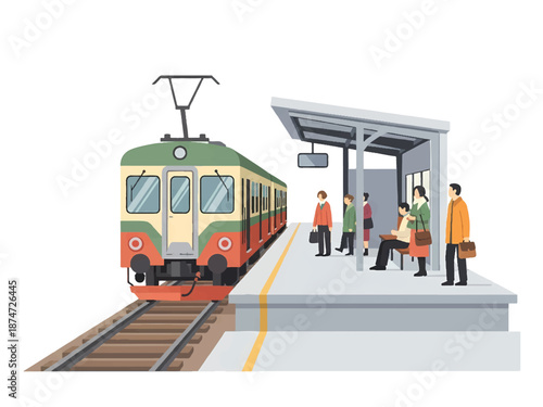 Illustration of a tram arriving at a modern station with people waiting on the platform