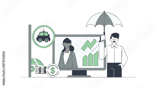 Business people analyze insurance data on a computer with a graph and umbrella for protection