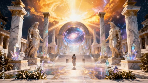 Gods of Olympus walking in the Golden Heaven Realm full of columns, surrounded by cosmic portals amd galaxies in motion