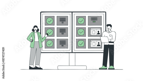 Business professionals analyzing document verification on a large digital dashboard screen