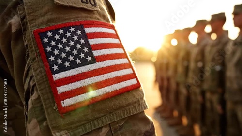 Military Personnel Standing in Line with American Flag Patch During Sunset