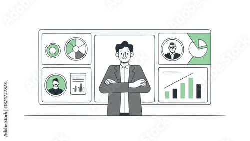 Businessman standing confidently in front of a modern crm dashboard with lead tracking graphs and charts