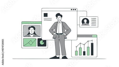 Business professional standing confidently in front of digital screens displaying graphs and profiles representing career development and upskilling in a modern workplace setting