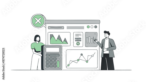 Business professionals analyzing real estate investment roi with graphs and calculator on screen