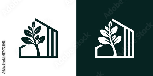 Dual meaning logo combining a house and plant elements, symbolizing greenhouse living, sustainability, eco-friendly homes, and natural growth.