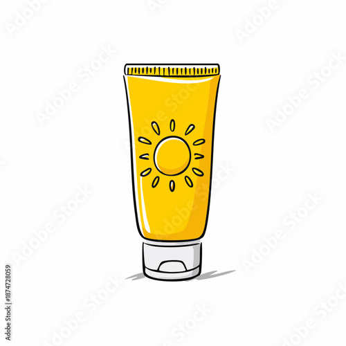 Bright cartoon illustration of a yellow sunscreen tube with a happy sun graphic, symbolizing summer protection, beach skincare, and essential UV defense for outdoor activities