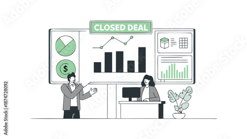 Business professionals analyzing sales performance metrics on a large screen with revenue charts and graphs in a modern office setting with a plant