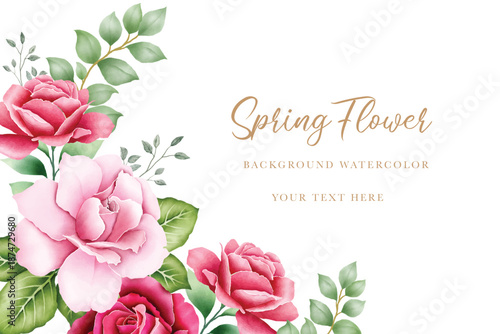 Elegant Watercolor Roses Floral Background with Green Leaves