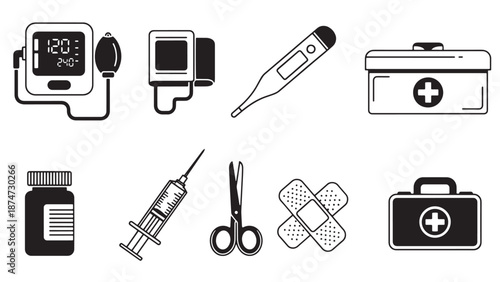 Comprehensive medical diagnostic equipment set featuring monitor and thermometer for clinical healthcare business logistics and hospital facility management identity.