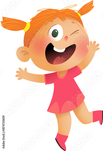Happy Cartoon Little Girl Jumping and Waving Cheerfully. A playful, sunny illustration of redhead girl character happily jumping and excited. Vector character clip art cartoon for children and kids.