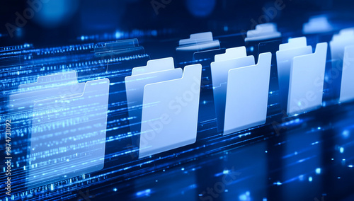 Row of glowing blue digital file folders on a dark background with binary code and light trails. Concept for big data management, cloud storage, and database organization.