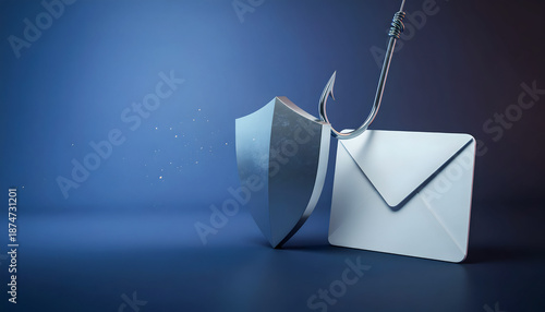3D Anti-Phishing Email Security Concept with Shield and Fishing Hook on Blue Background