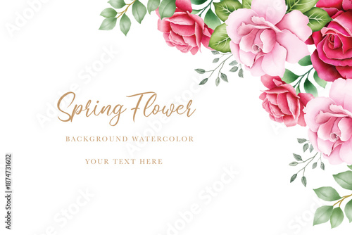 Elegant Watercolor Roses Floral Background with Green Leaves