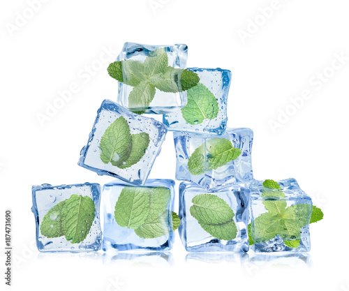Fresh mint leaves in ice cubes isolated on white