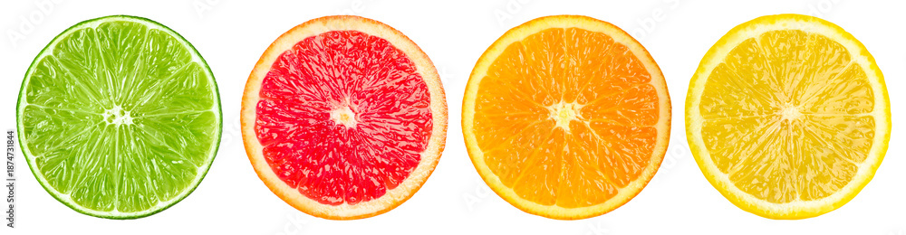 Fototapeta premium Citrus fruits isolated on white. Set of orange, grapefruit, lemon and lime slices