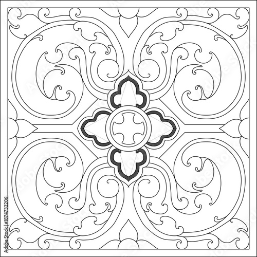 A professional technical vector illustration of a square decorative panel, featuring symmetrical swirling vine motifs and a prominent central quatrefoil emblem with bold outlines for architectural orn