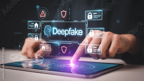 Person interacting with Deepfake warning on digital tablet in futuristic cyber security interface with neon blue glow and warning signs for online safety and identity theft protection