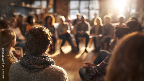 Intimate Backlit Group Meeting in a Circle, Warm Golden Light, Shallow Focus