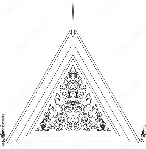 A sophisticated technical vector illustration of a traditional triangular roof pediment (gable end), featuring intricate cultural carvings with swirling vine motifs and a sharp needle-point finial at 