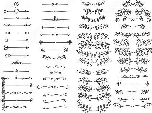 Hand drawn decorative dividers and floral elements set in minimalist line art style. Collection of arrows, hearts, leaves, swirls, and botanical ornaments perfect for branding, invitations, wedding de