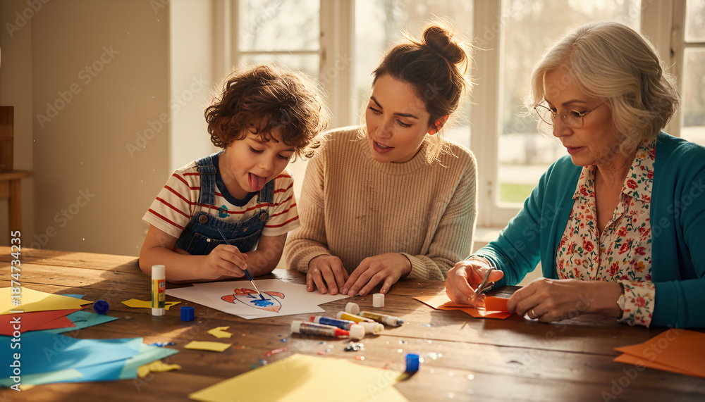 Obraz premium Three generations of a happy family sitting at a wooden table doing arts and crafts together, with a young boy painting a rocket while his mother and grandmother help in a sunlit room