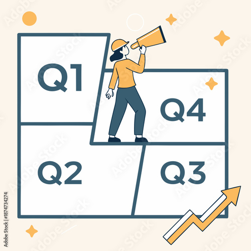 Illustration of woman using megaphone to present quarterly goals  