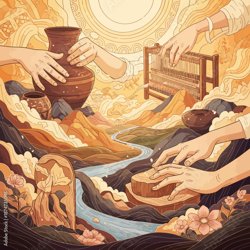 Hands crafting pottery and weaving in a serene natural landscape.
