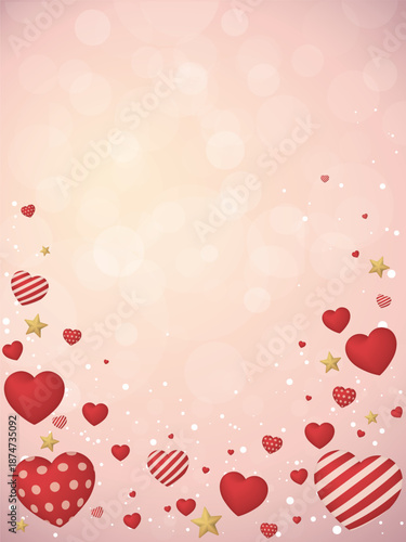 Heart balloons many designs and star floated with soft bokeh blurred pink background have blank space.