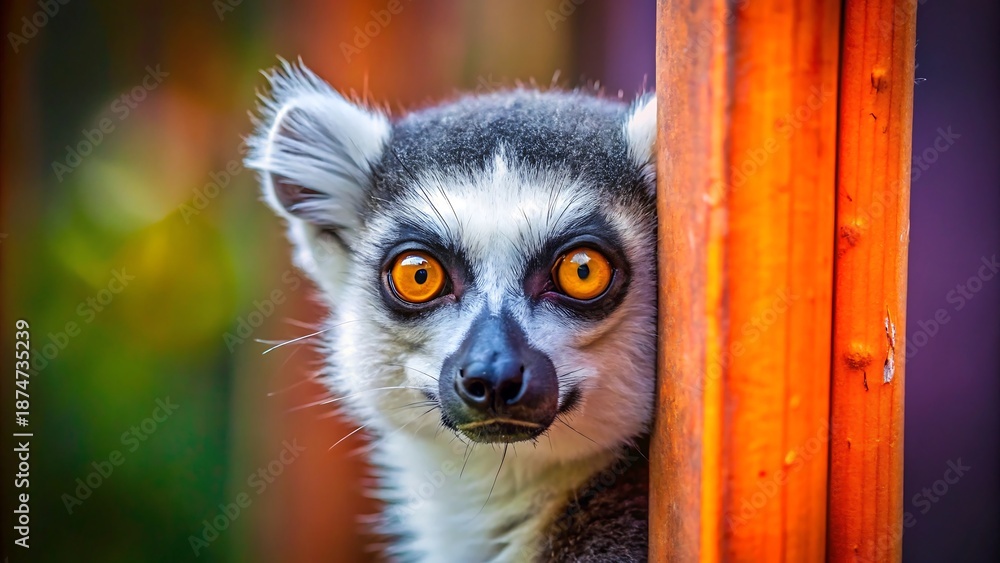 Naklejka premium A lemur peeking out from behind a vertical orange bar