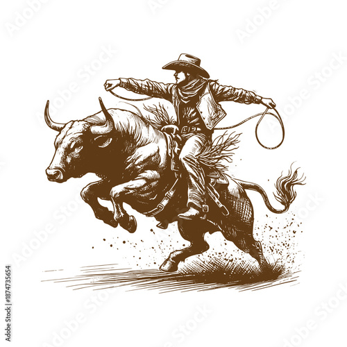 Valokuva Cowboy bull rider with bull kicking up back legs sketch on white background