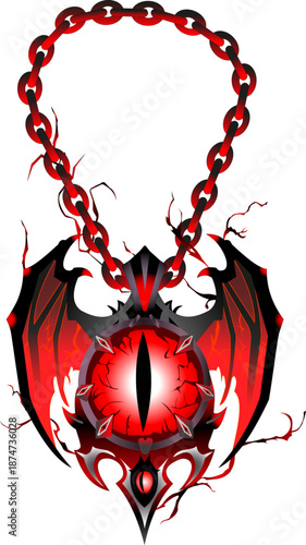 Dark Fantasy Devil Amulet with Glowing Eye and Flaming Chain Rings
