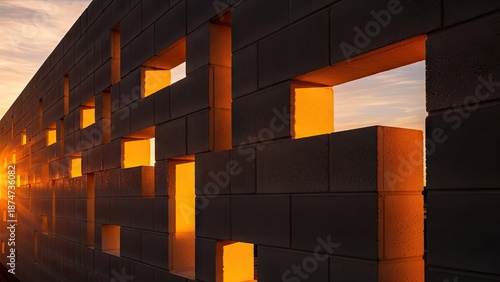 Modern building facade with warm sunset light shining through square windows