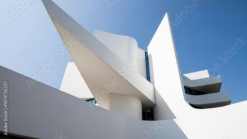 Modern white building with unique architecture under blue sky