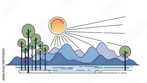 Serene mountain landscape with sunny trees by calm lake