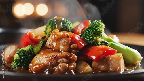 Delicious and healthy stirfried chicken with vibrant green broccoli florets and bright red bell peppers generously coated in a rich savory sauce served steaming hot on a dark plate in a warm inviting.