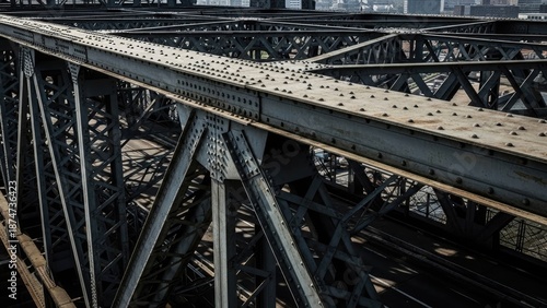 Rustic steel bridge with cityscape in background