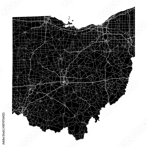 Ohio State Map Road Network Vector SVG Black Silhouette White Highway Lines Transparent Background Isolated Minimalist Cartography