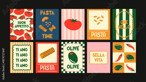Italian food wall art set featuring pasta, olive oil and citrus. Clean retro style posters made for stylish kitchen interiors.