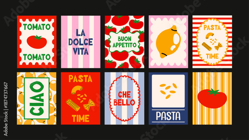Minimal retro Italian posters with food motifs. Tomatoes, olives, lemons and pasta create a warm Mediterranean kitchen vibe.