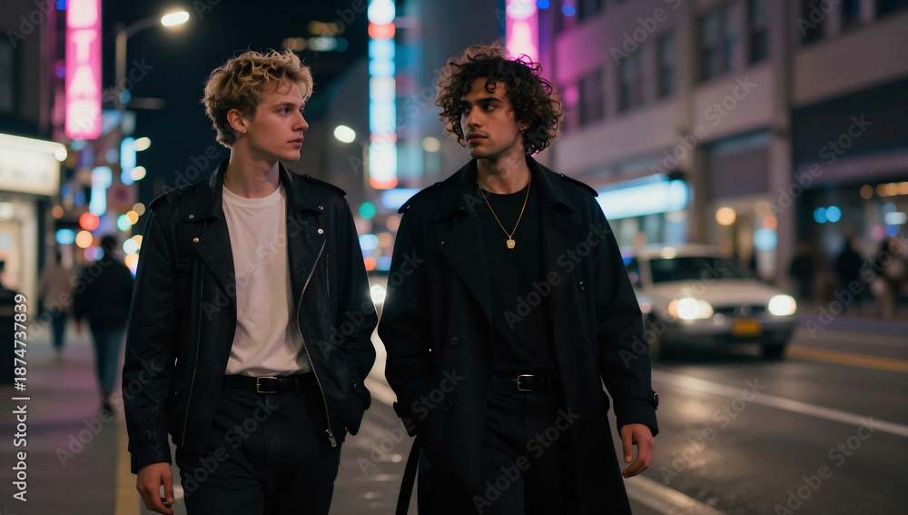 Fototapeta premium Stylish Queer Couple Walking Through Vibrant City Streets at Night